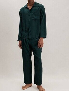 Lunya Men's Washable Silk Dark Green Stripe Relaxed Pajamas Set